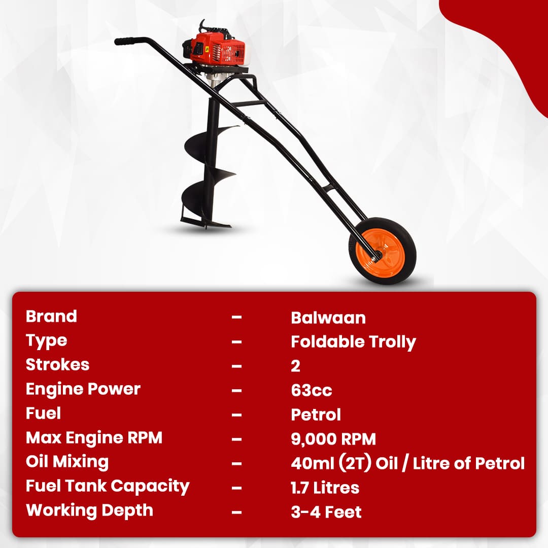 Balwaan Trolly Earth Auger with 8 Inch Bit| 63CC