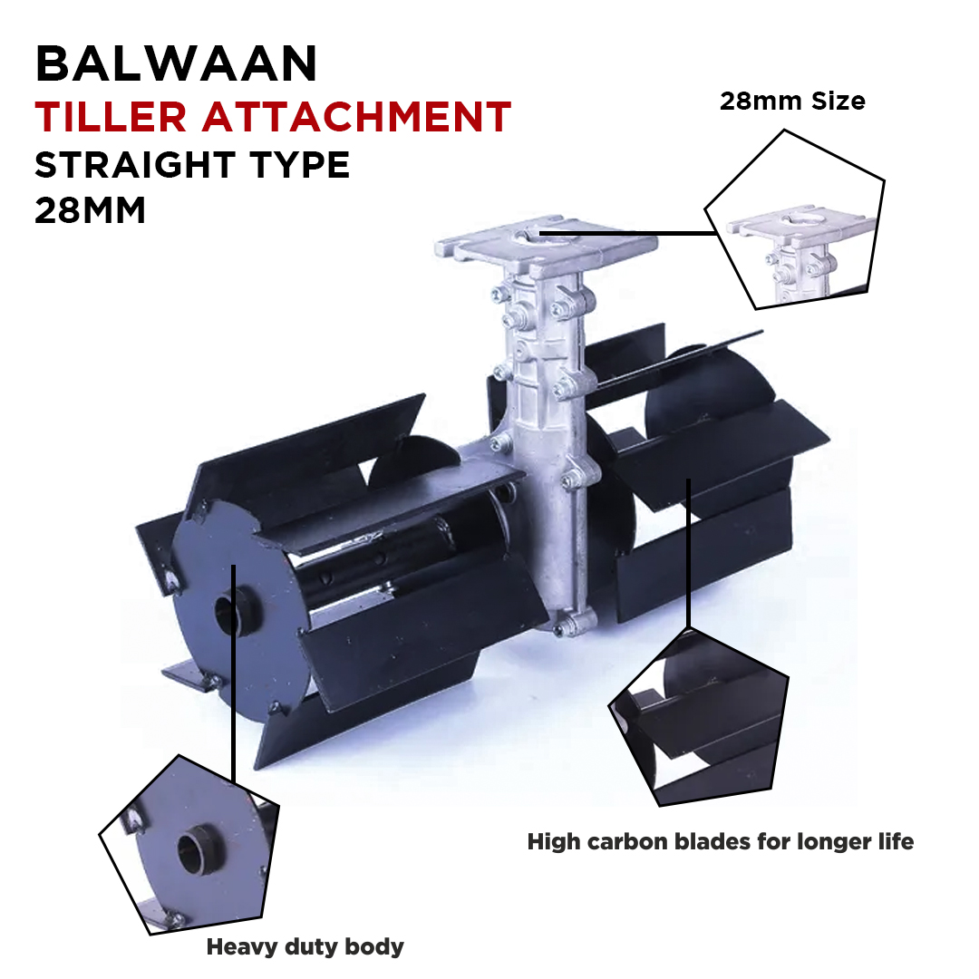 Balwaan 28mm Straight Type Tiller Attachment (14 Inch) - Silver