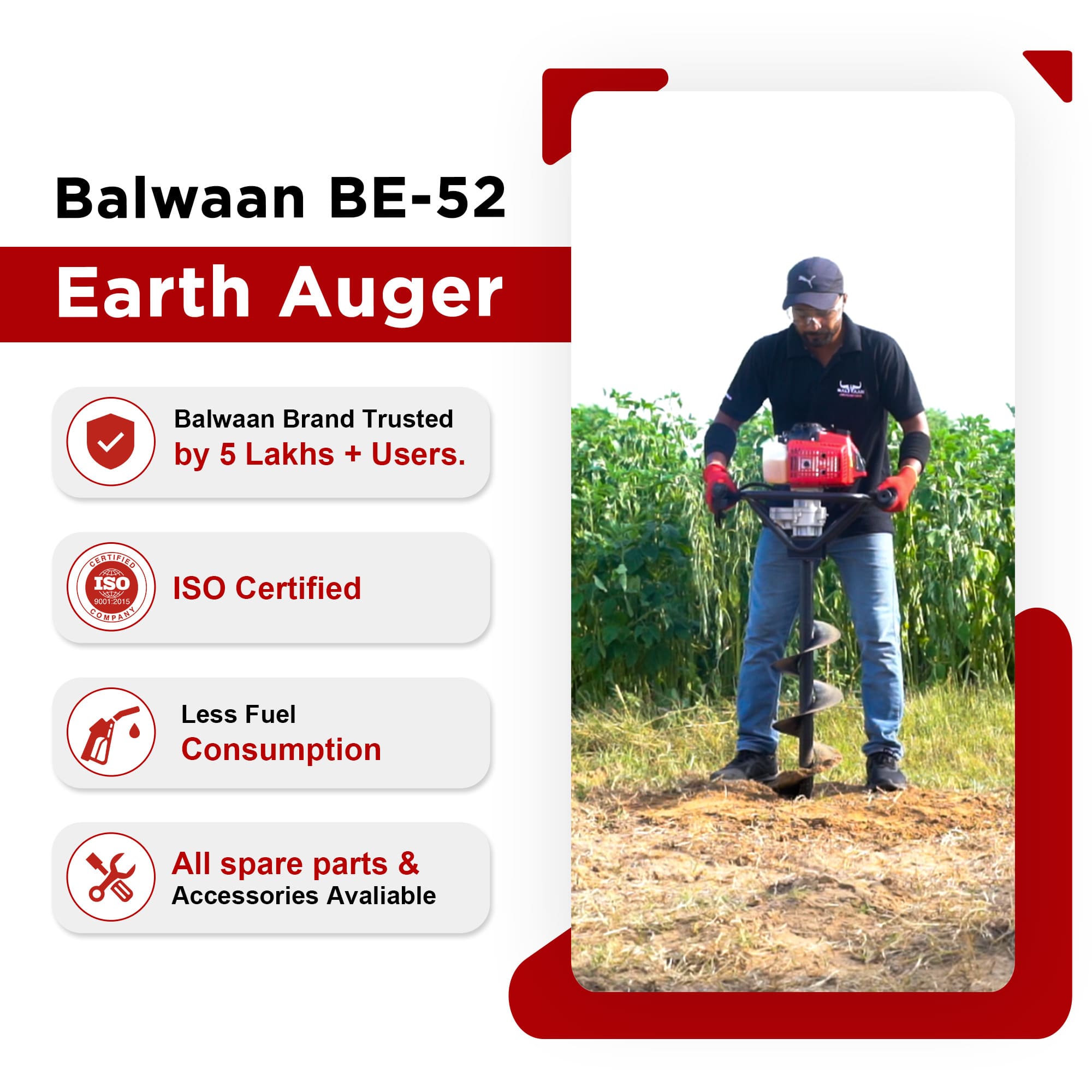 Balwaan 52cc Earth Auger with 8 Inch & 12 Inch Planter| BE-52