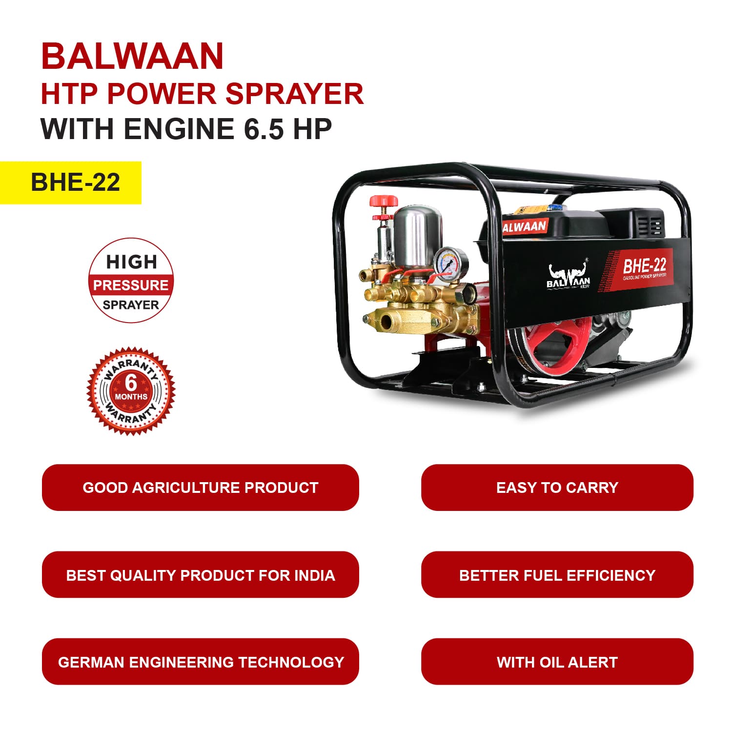 Balwaan 22 No. HTP Sprayer with 6.5HP Engine & 50 Mtr. Hose|BHE-22
