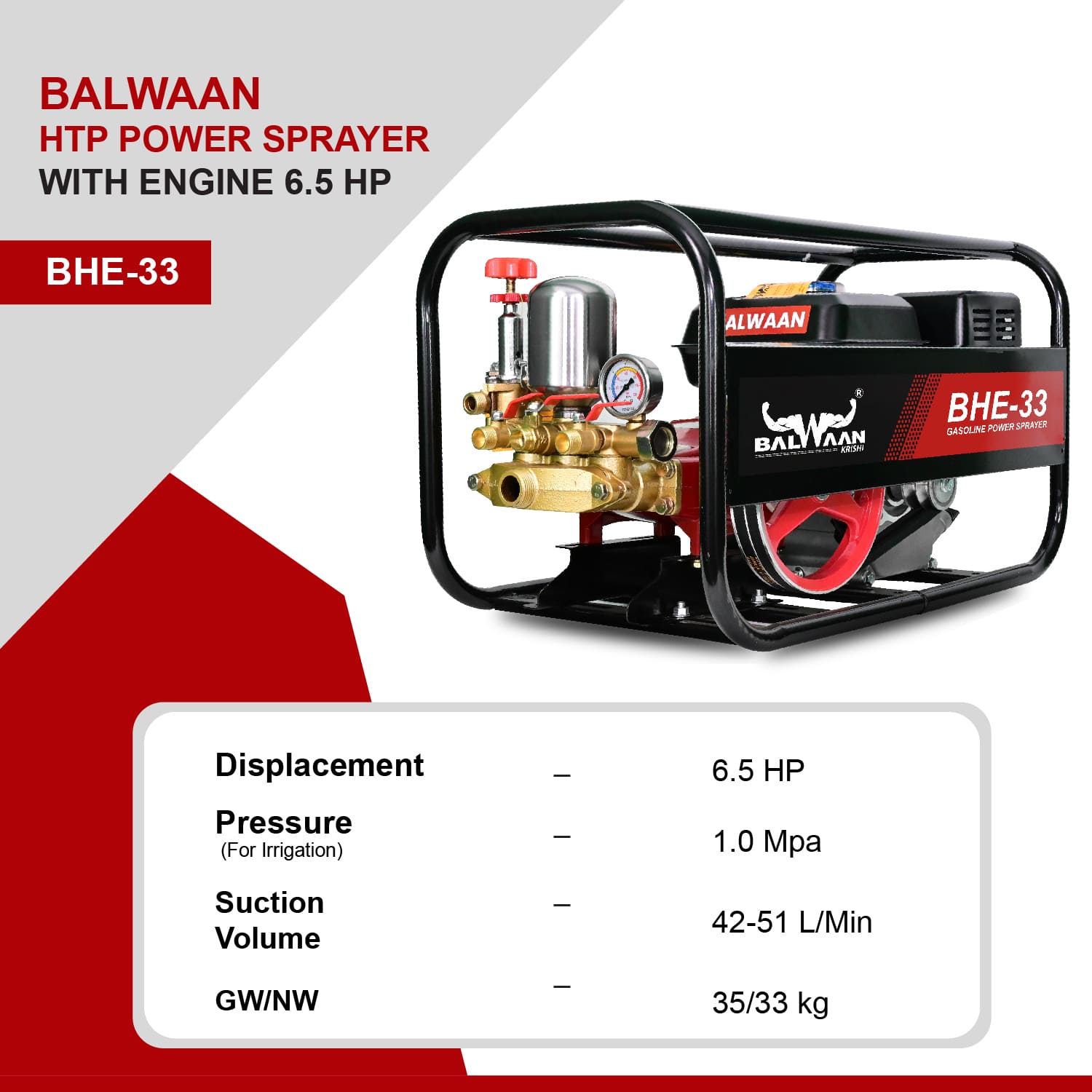Balwaan 33 No. HTP Sprayer with 6.5HP Engine & 50 Mtr. Hose|BHE-33