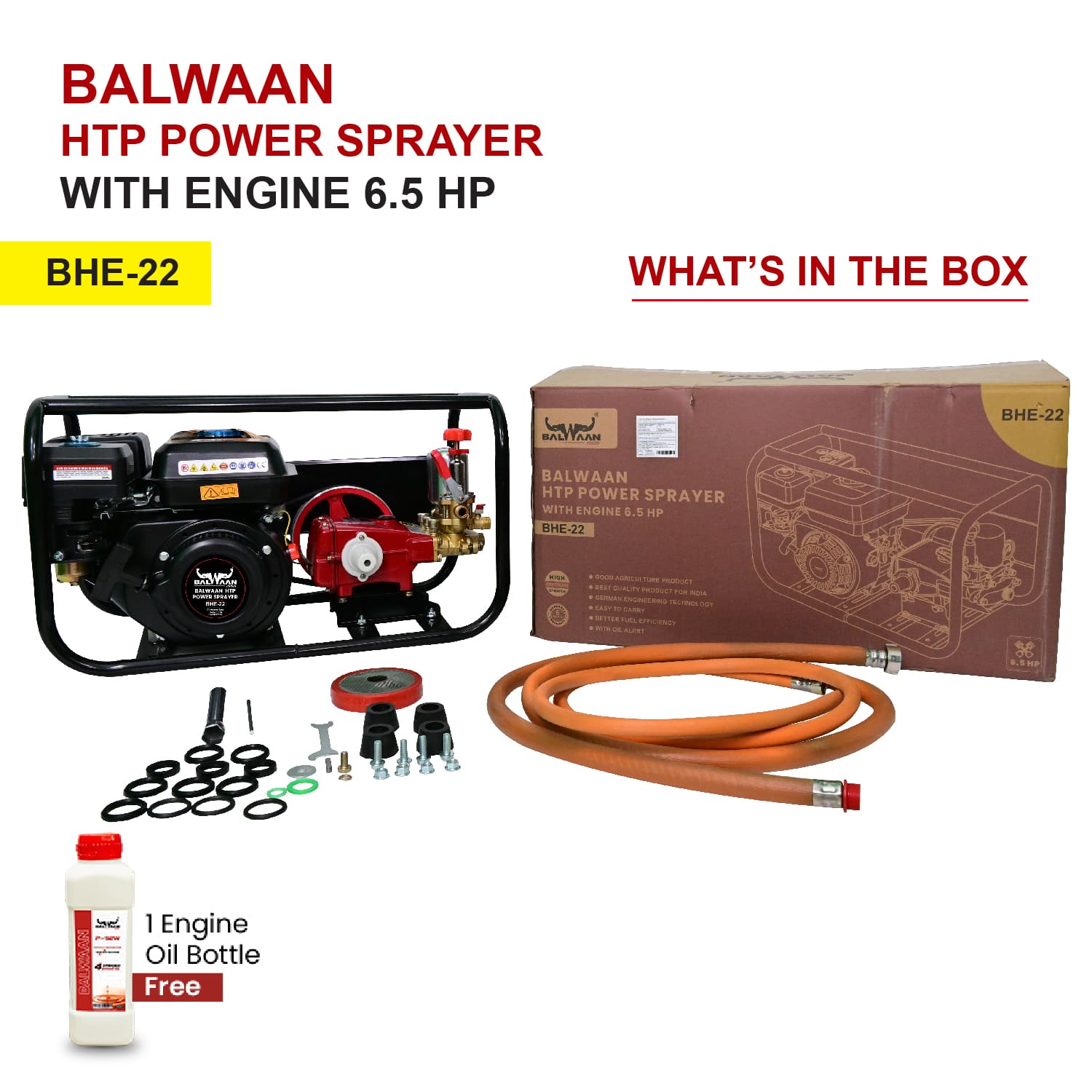 Balwaan 22 No. HTP Sprayer with 6.5HP Engine & 50 Mtr. Hose|BHE-22