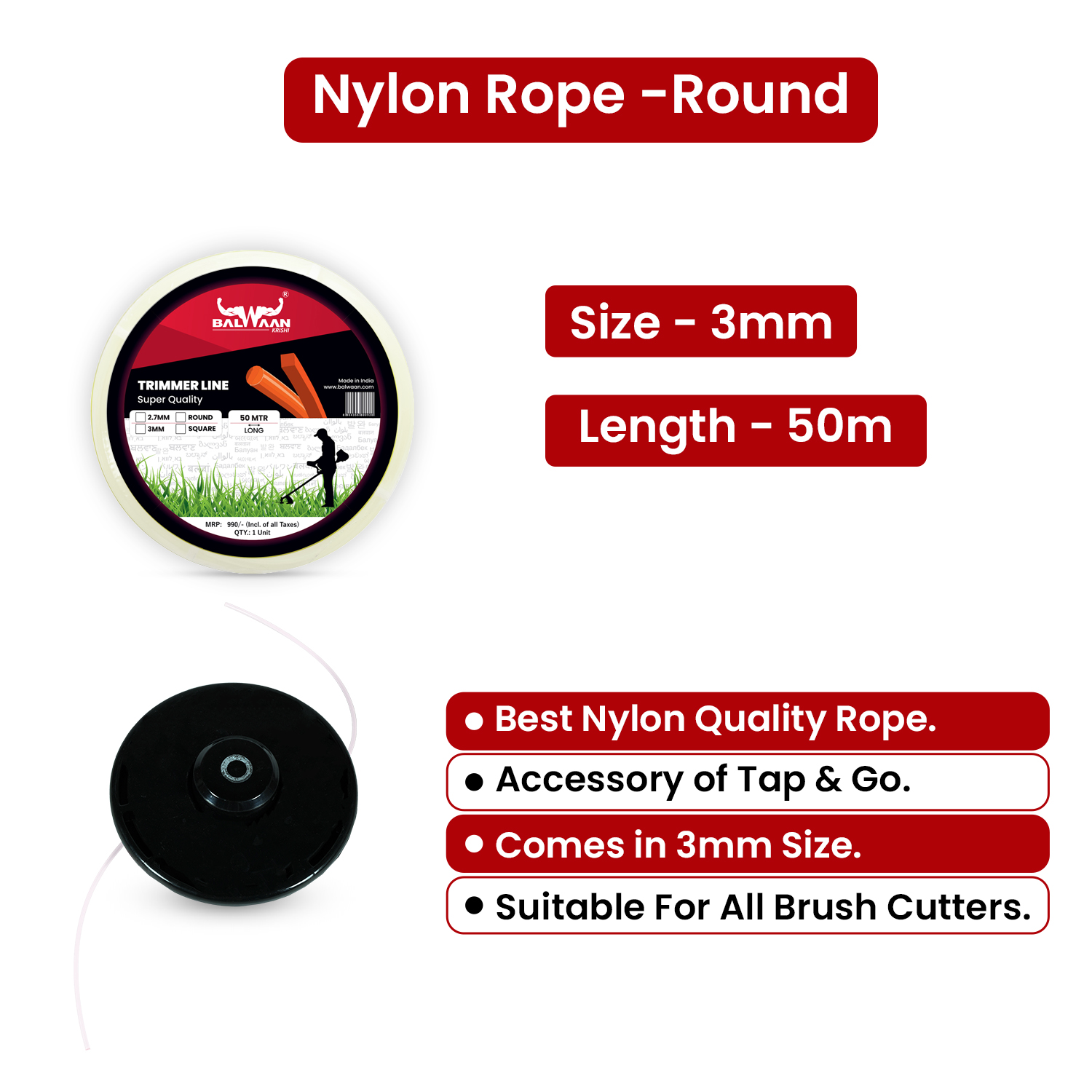 Balwaan Nylon Rope 3mm 50 Mtr- Round (White)