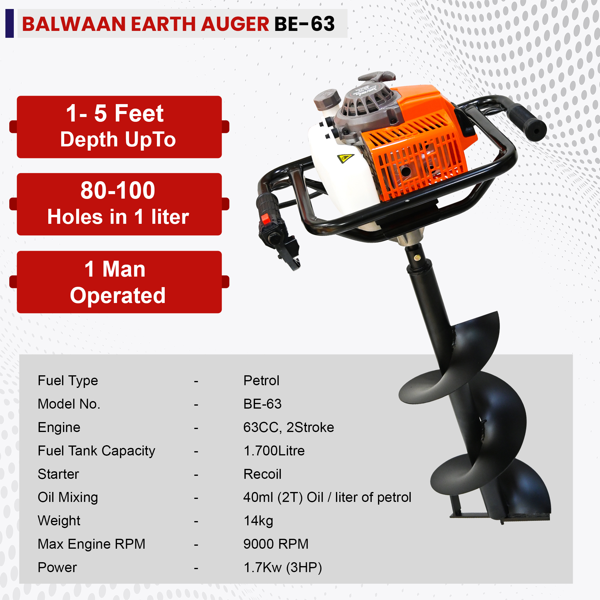 Balwaan 63cc Earth Auger (Orange) with 8 Inch & 12 Inch Planter| BE-63