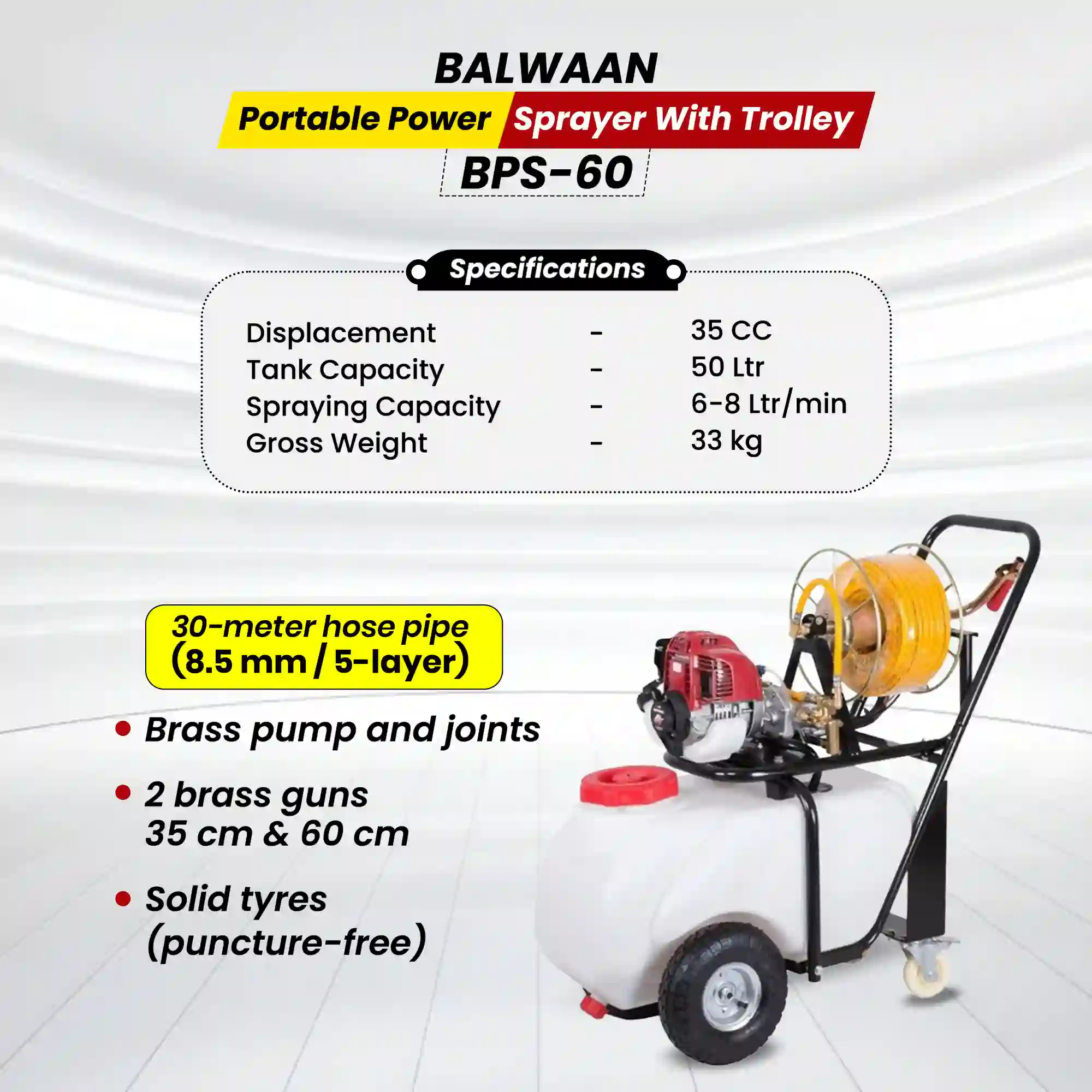 Portable petrol power sprayer 50L tank with brass pump and 30m hose for pesticide and fertilizer use